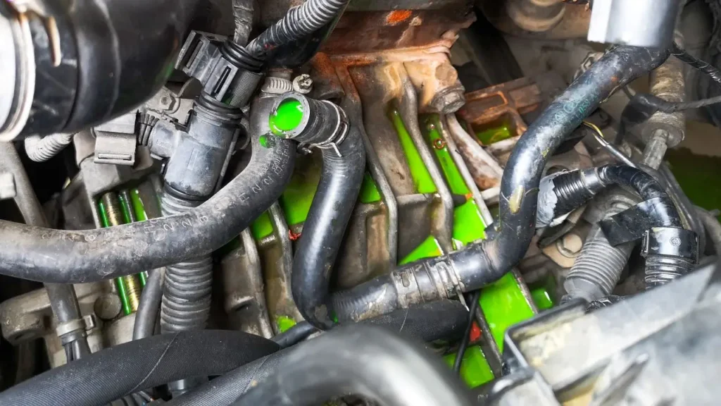 a close up of a car engine with Coolant Leak